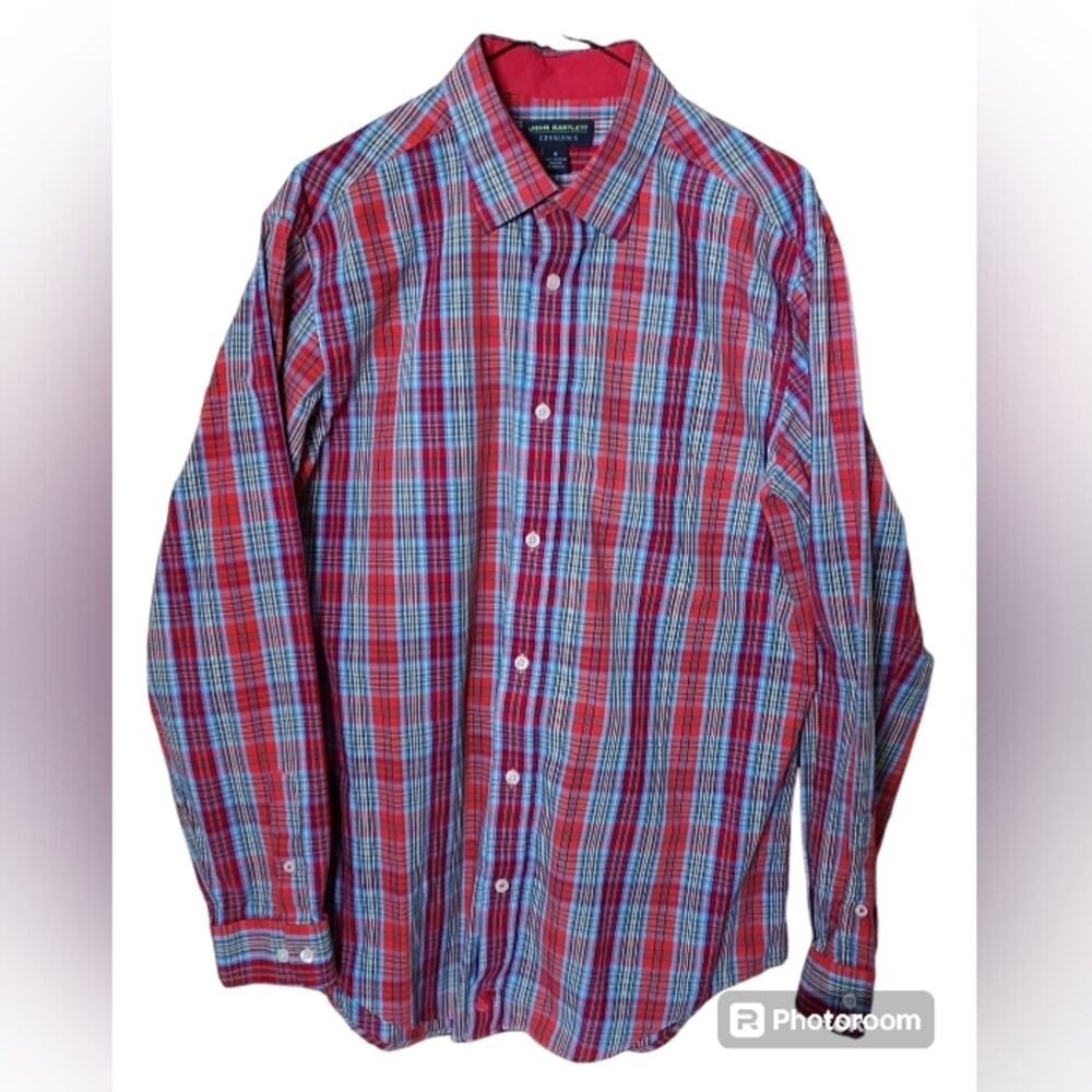 John Bartlett Consensus Vibrant Orange, Red, Blue Windowpane Plaid Mens Shirt-Md